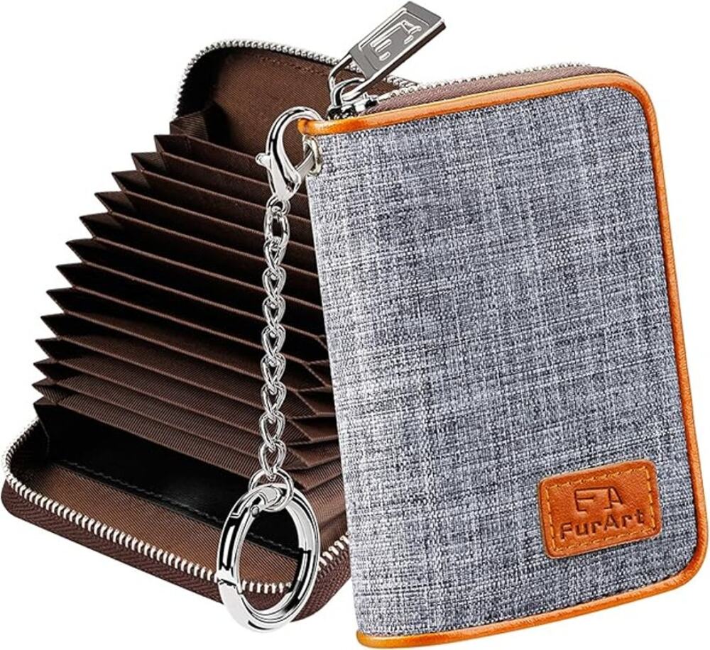 Wallet, RFID Blocking, Cash Credit Business Card Slots Zipper Keychain (Gray)